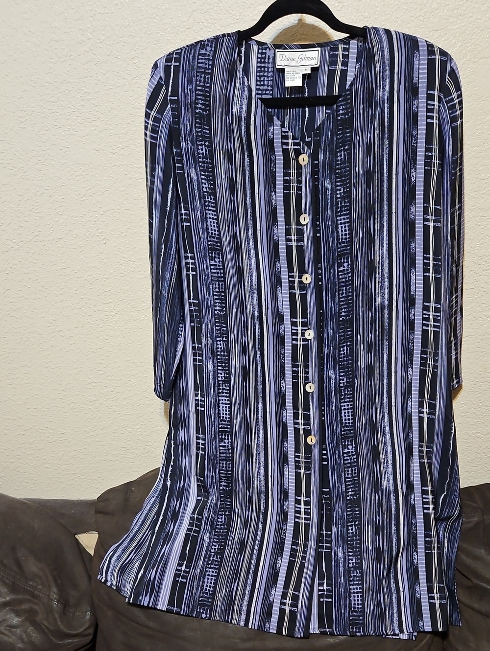Diane Gilman Vintage 100% Silk Navy & White Vertical-Striped Button Midi Dress